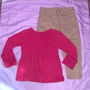 2T Carter’s pink long sleeve and 2T miss pink Tan pants